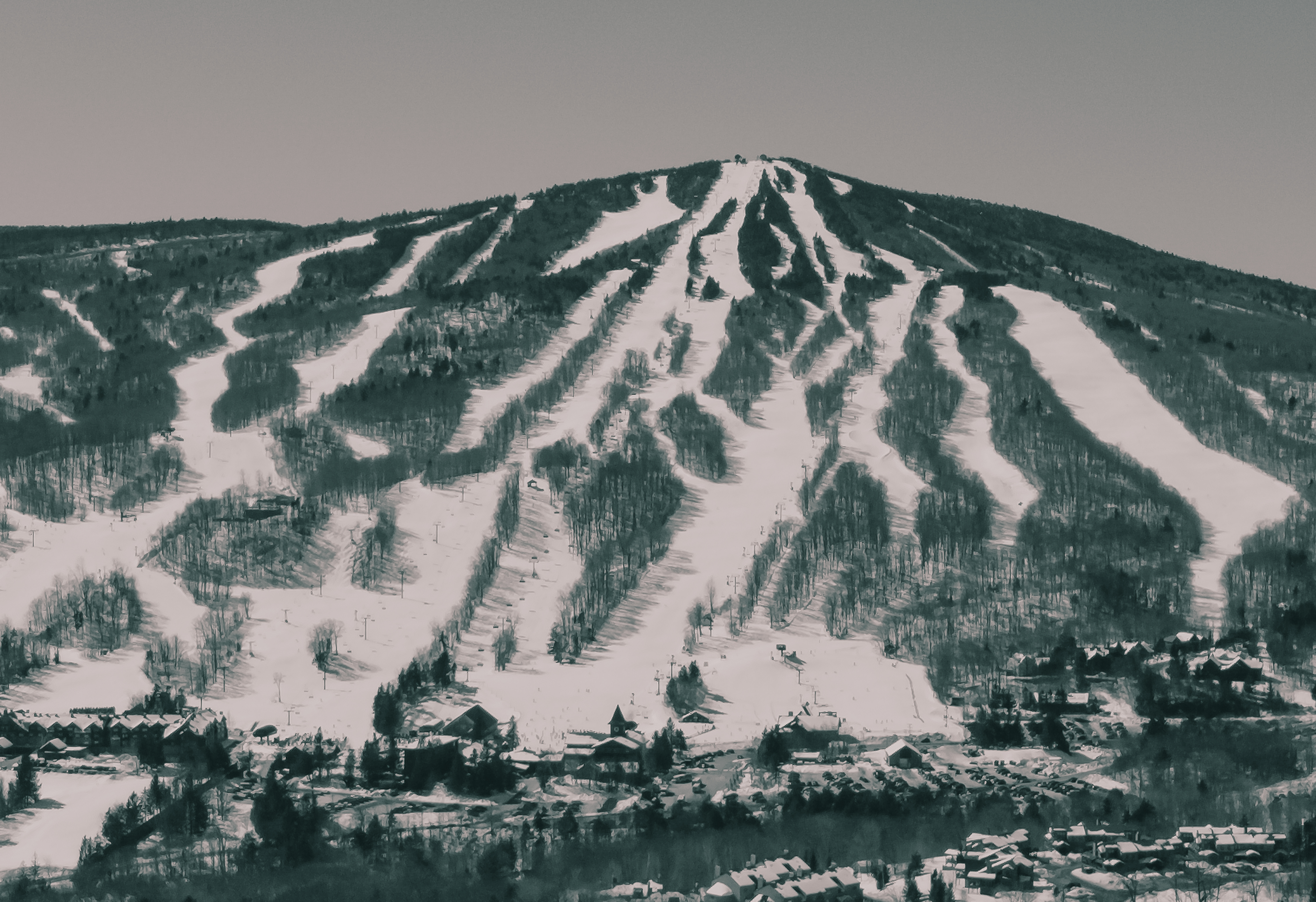 aerial drone shot of mount snow in dover, vermont